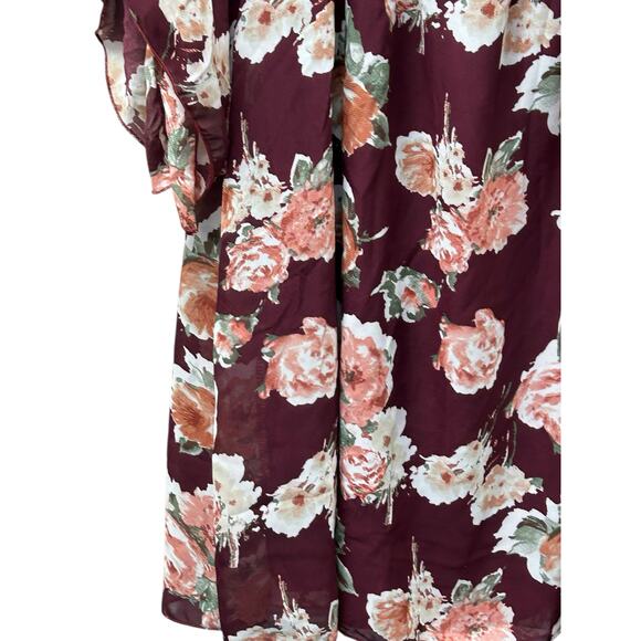 Wilde Floral Boho Dress Large Off Shoulder Burgundy Sheer‎ Ruffle Sleeve Cottage - Picture 4 of 8